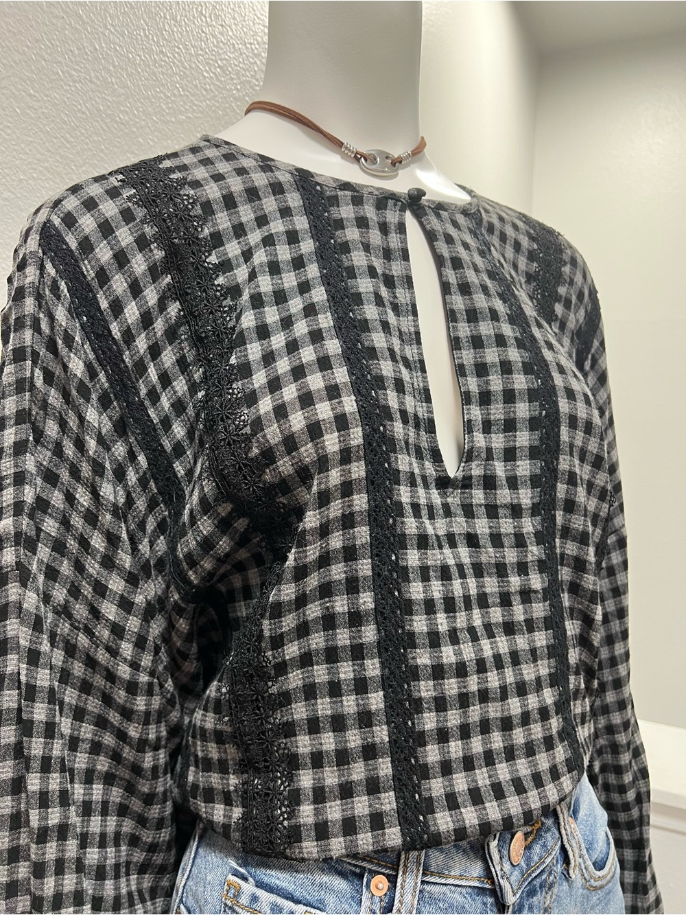 Zara Woman Black Gray Gingham Check Lace Trim Keyhole Blouse - Size S